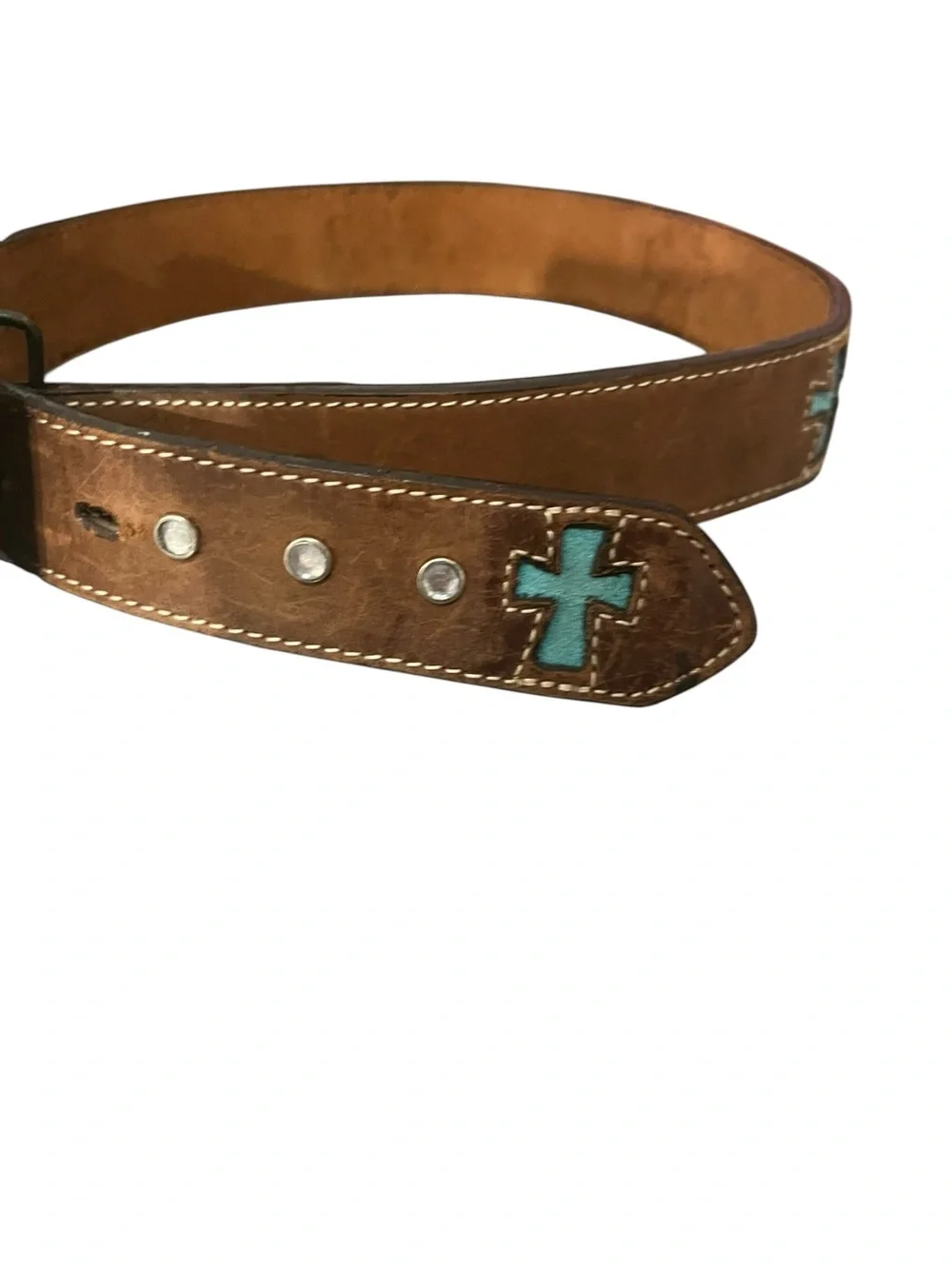 3D Genuine Leather Belt Youth 20 Laser Cut Cross Rhinestones Bronc Rider Buckle
